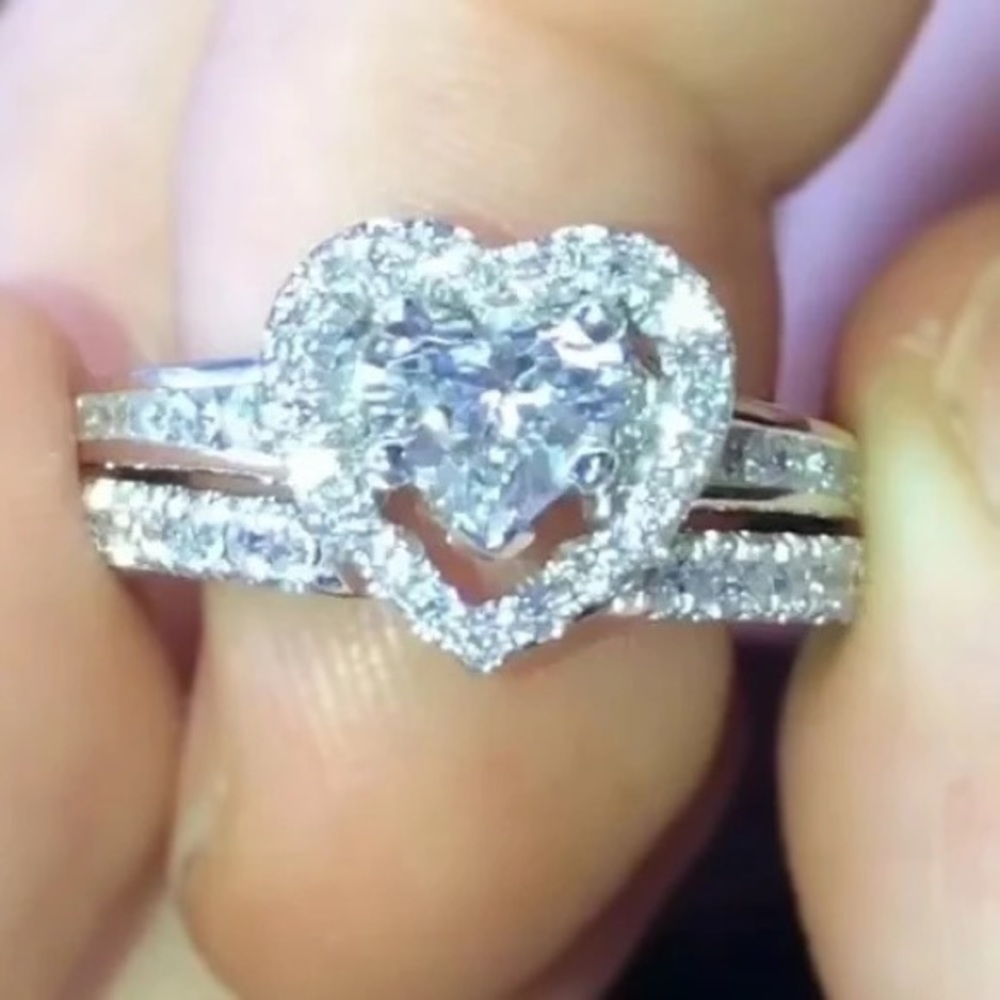 New Luxury  925 Silver Heart Sapphire Wedding 2 pc Set Ring